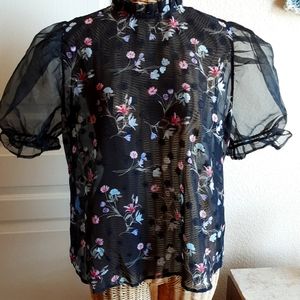 SHEIN Black Sheer Top with Organza Sleeves